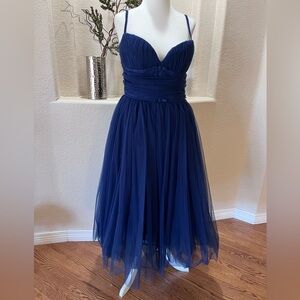 Blue Mesh Tulle Juniors Sleeveless Midi Dress Spaghetti Strap Bow Size 10 Lined